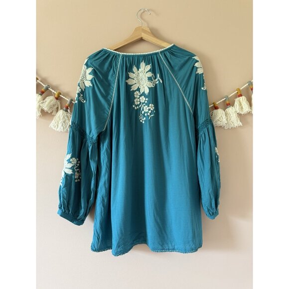 Sundance Teal Embroidered Floral Naomi Isles Top Boho Peasant Feminine Cottage S - Picture 2 of 9